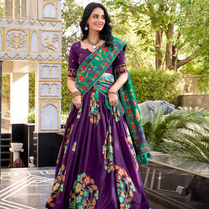 Purple Color Printed And Foil Work Tussar Silk Lehenga Choli