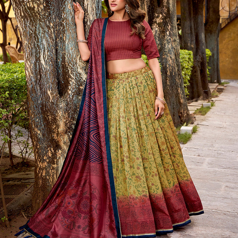 Crimson Color Printed With Vichitra Silk Choli