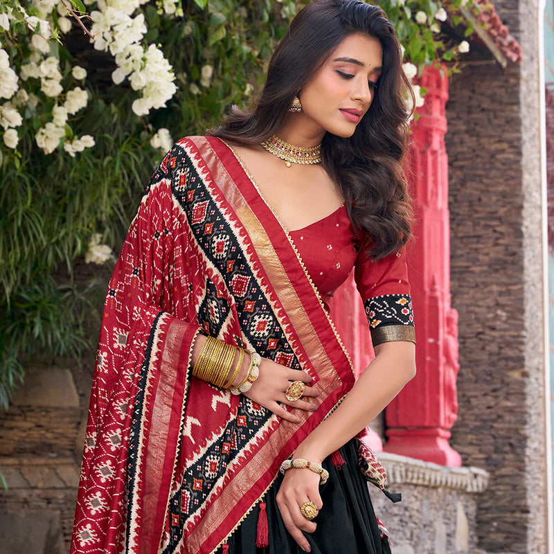 Black Color Patola Printed Tasar Silk Lehenga Choli