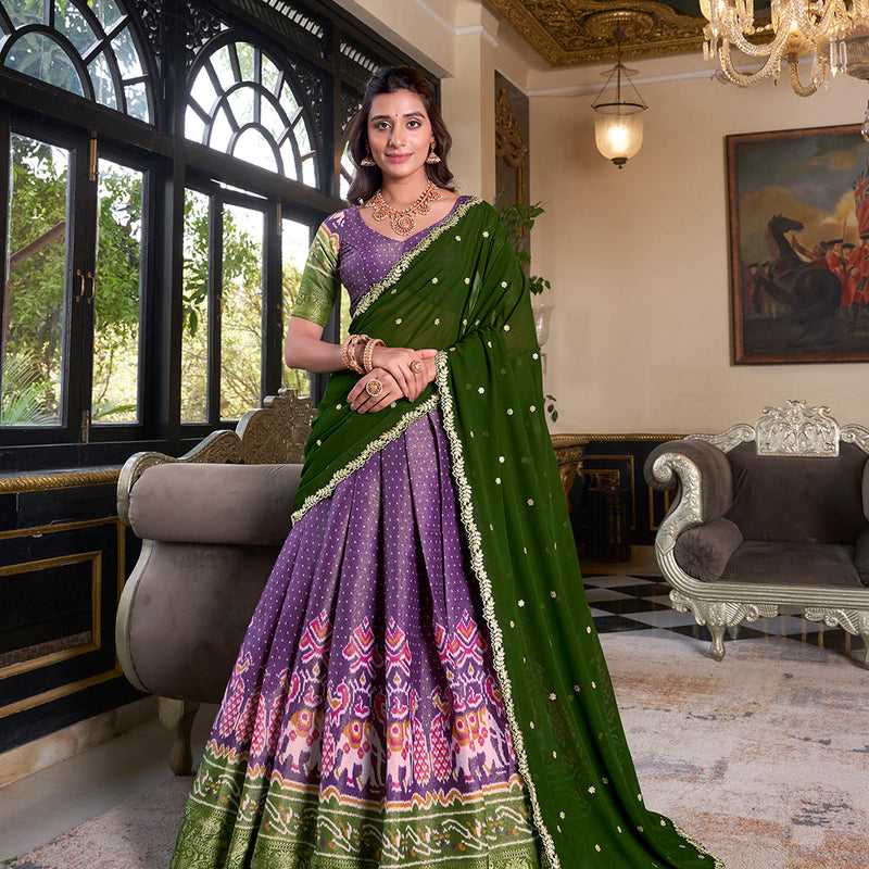 Purple Color Printed With Zari Weaving Work Kanchipuram Lehenga Choli