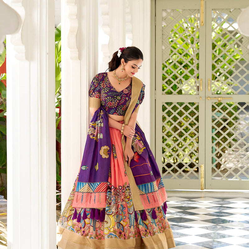 Peach Color Kalamkari Print With Weaving Border Dola Silk Lehenga Choli