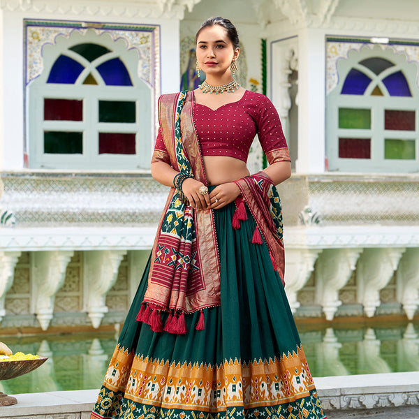Green Color Patola Print With Foil Work Tasar Silk Lehenga Choli