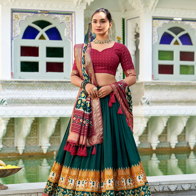 Green Color Patola Print With Foil Work Tasar Silk Lehenga Choli