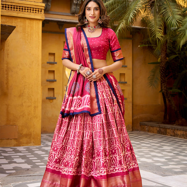 Gajariyo Color Batik Printed Dola Silk Lehenga