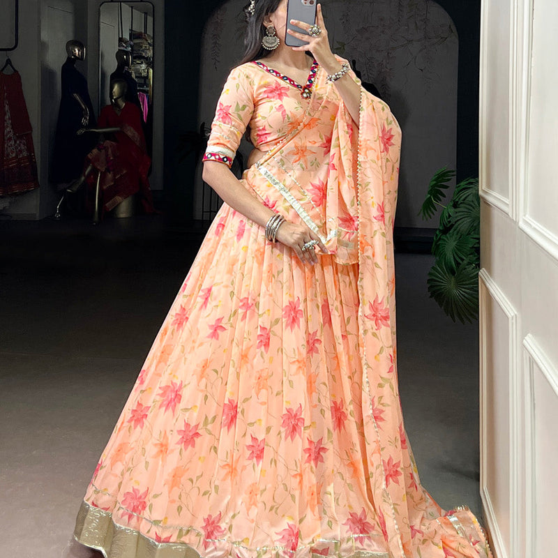 Peach Color Floral Print With Embossed Design Tabby Silk Chaniya Choli