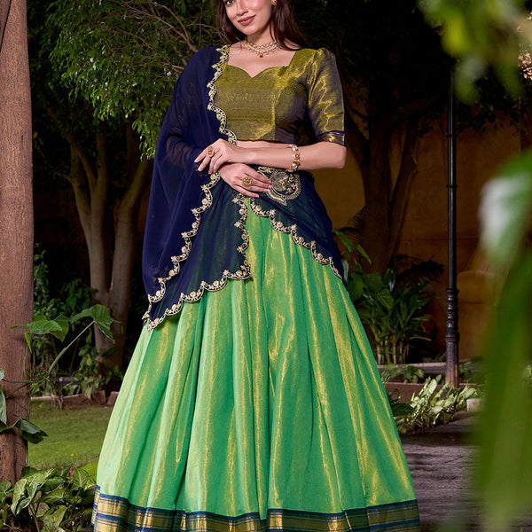 Navy Blue Color Sequince And Thread Embroidery Work Kanchipuram Lehenga Choli