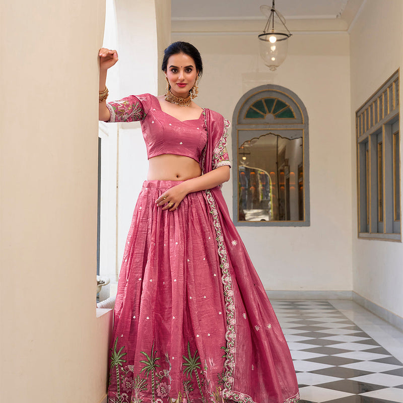 Pink Color Sequins and Thread Embroidery Work Gold Crush Lehenga Choli