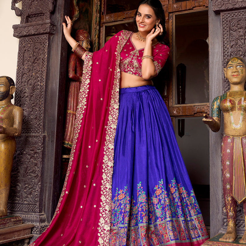 Royal Blue Color Printed With Foil Work Tasar Silk Lehenga Choli