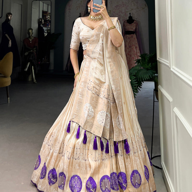 Purple Color Mirror And Bids (Moti) Handwork Shimmer With Weaving Work Lehenga Choli