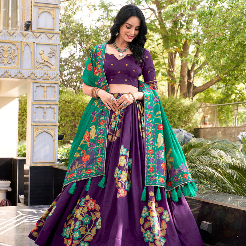 Purple Color Printed And Foil Work Tussar Silk Lehenga Choli