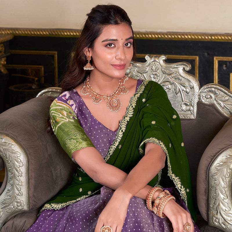 Purple Color Printed With Zari Weaving Work Kanchipuram Lehenga Choli