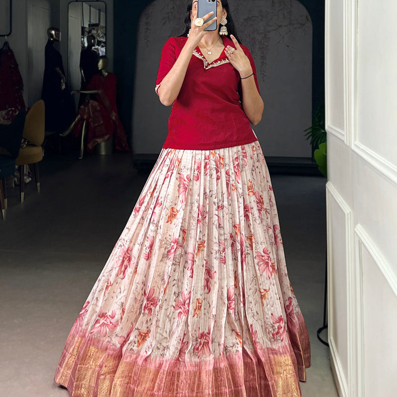 Red Color Floral Print With Zari Weaving Work Dola Chex Co-Ord Set