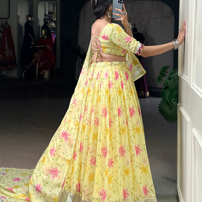 Yellow Color Floral Print With Embossed Design Tabby Silk Chaniya Choli