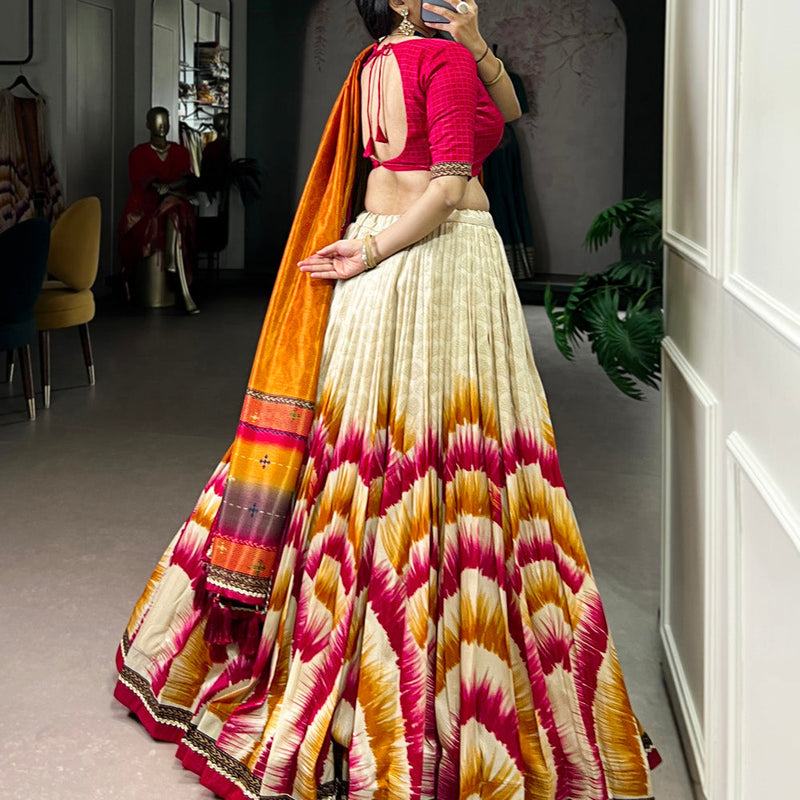 Red Color Tie And Dye Printed Tasar Silk Lehenga Choli