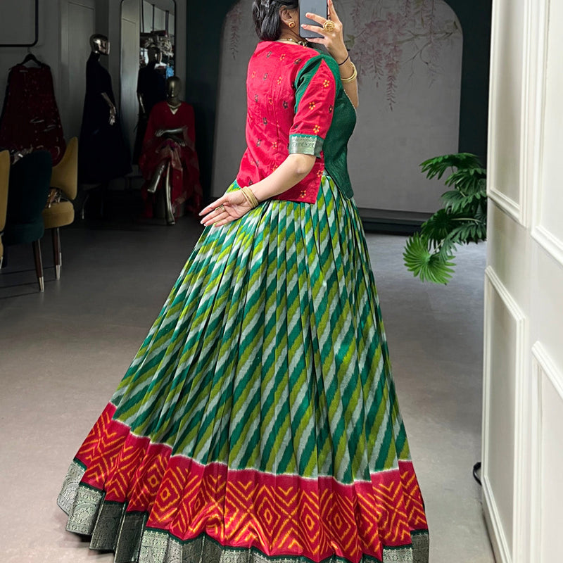 Green Color Leheriya Print With Zari Weaving Work Tasar Silk Co-Ord Set