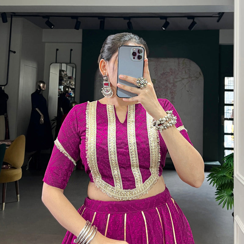 Wine Color Bandhej Print With Lace Touch Up Chiffon Chaniya Choli