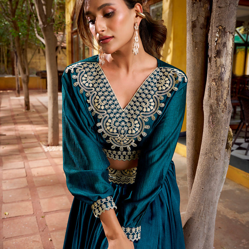 Peacock Blue Color Thread Embroidery Vichitra Silk Co-ord Set