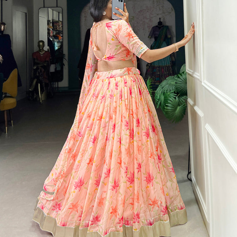 Peach Color Floral Print With Lace Border Tabby Silk Lehenga Choli