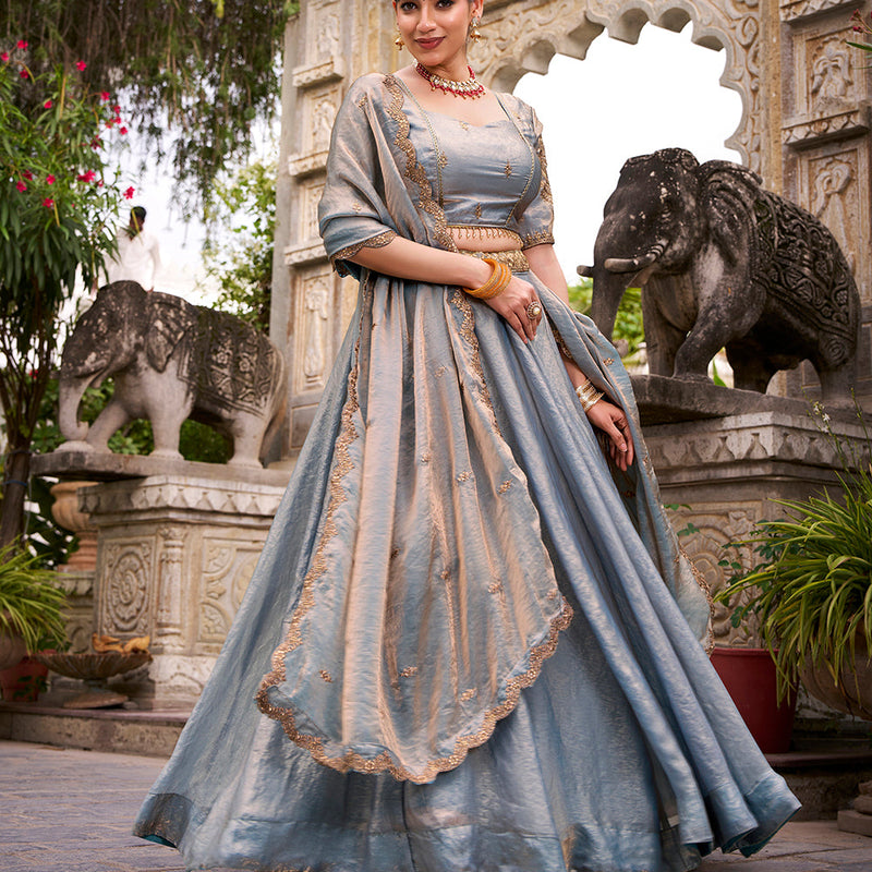 Sky Blue Color Sequins And Thread Embroidery Work Belt Fendi Lehenga Choli