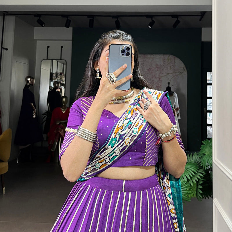 Purple Color Zari Weaving Work With Embossed Design Chanderi Lehenga Choli