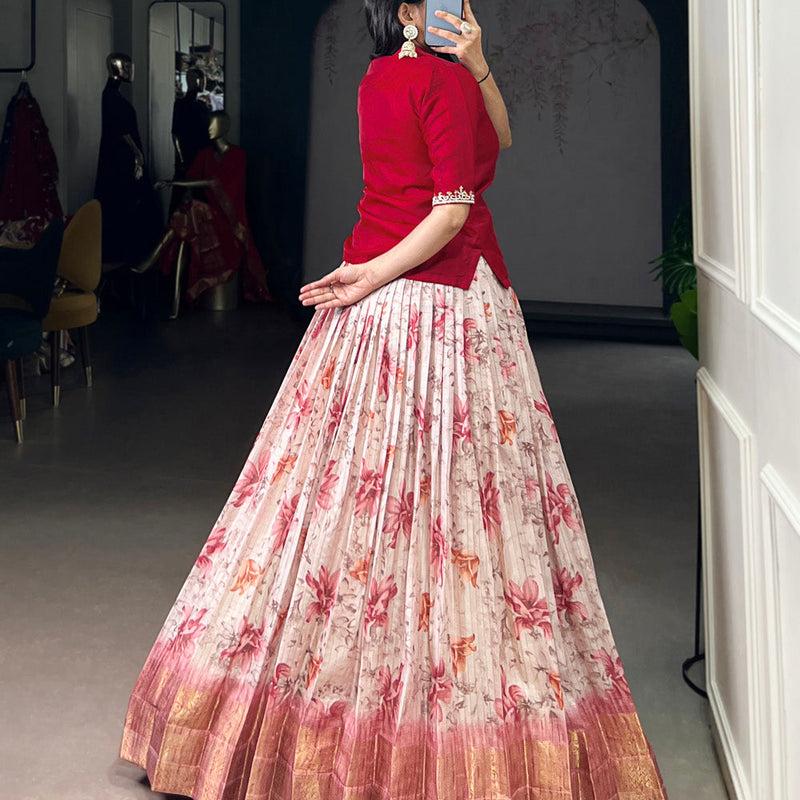Red Color Floral Print With Zari Weaving Work Dola Chex Co-Ord Set
