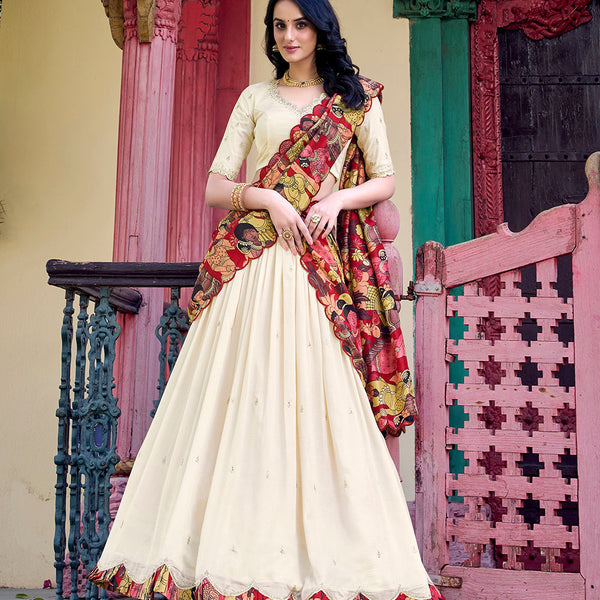 Off White Color Sequins And Thread Embroidery Work Vichitra Silk Lehenga