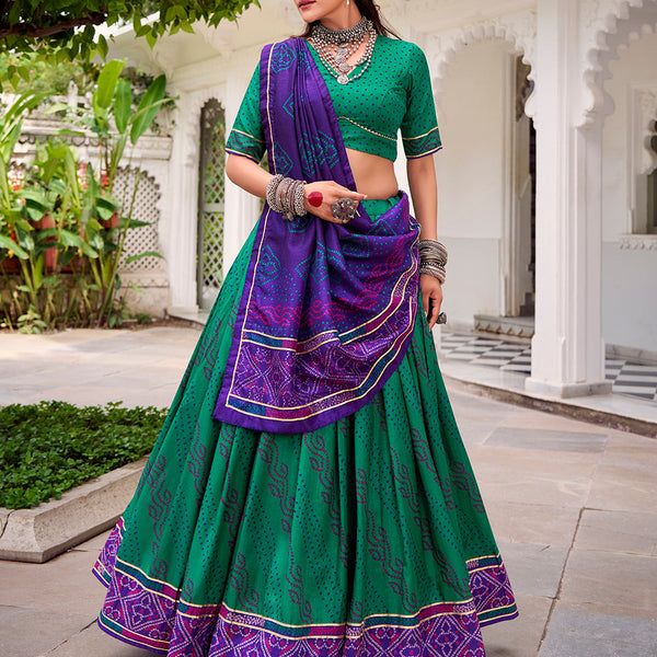 Green Color Bandhej Print With Gotta Patti Lace Tasar Silk Lehenga Choli