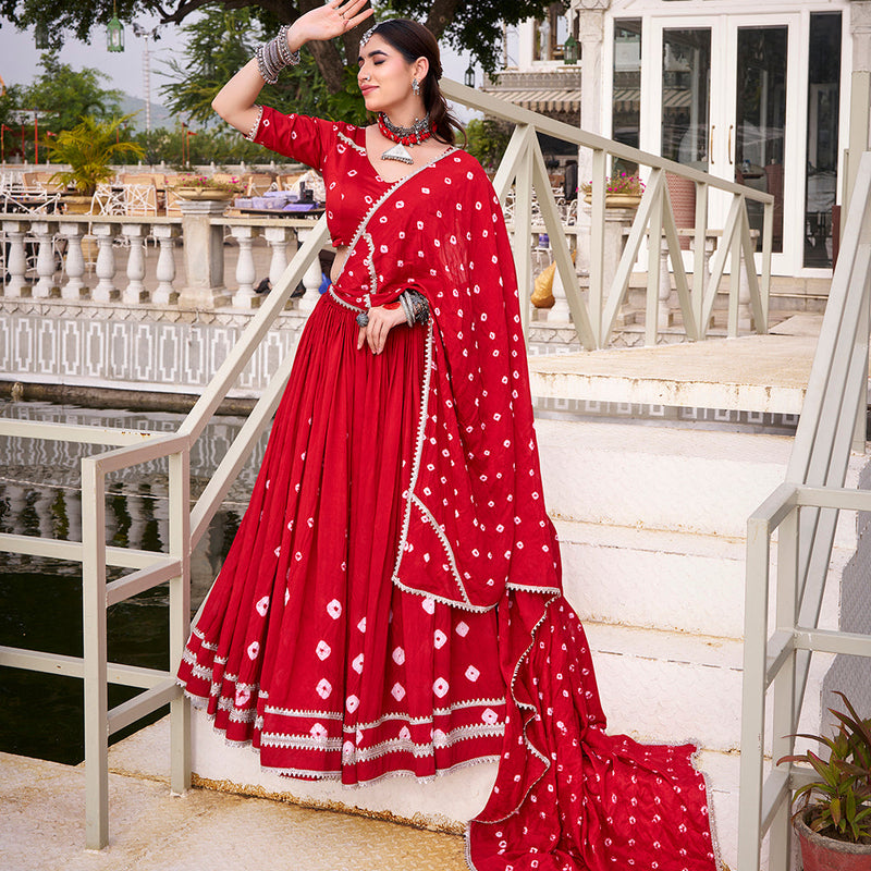 Red Color Bandhej Print With Lace Touch Up Chanderi Chaniya Choli