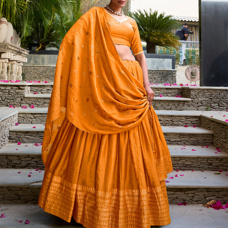 Orange Color Plain  With  Zari Weaving Work Chanderi Lehenga Choli