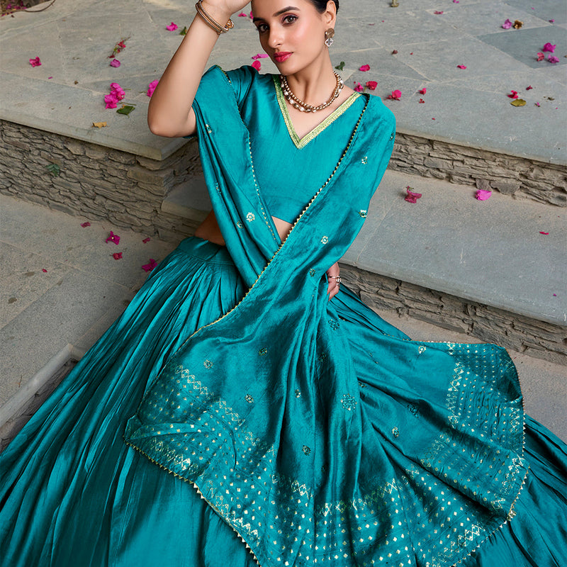 Sky Blue Color Zari Weaving Work Chanderi Lehenga