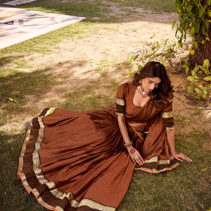 Rust Orange Color Chex With Zari weaving Work Chettinad Cotton Lehenga Choli