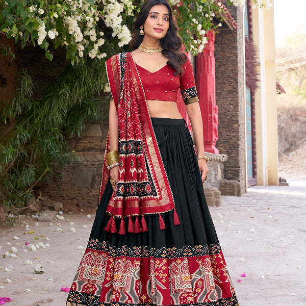 Black Color Patola Printed Tasar Silk Lehenga Choli