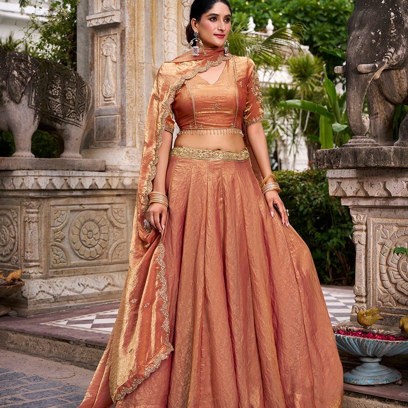 Rust Orange Color Sequins And Thread Embroidery Work Belt Fendi Lehenga Choli
