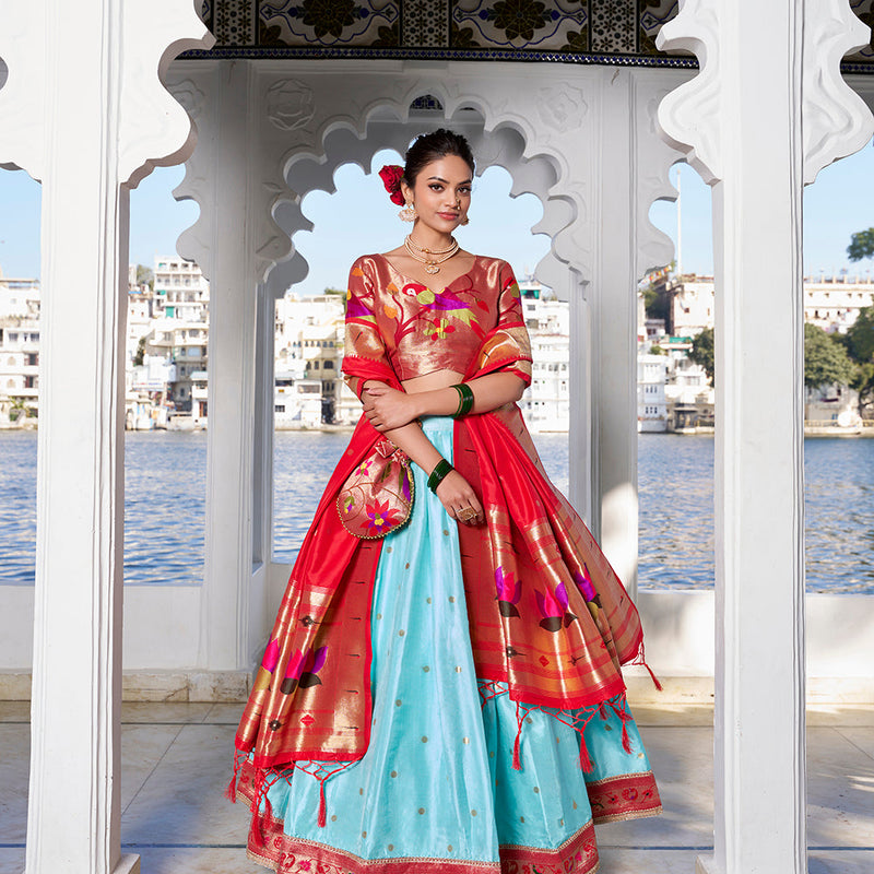Sky Blue Weaving Zari Work With Jacquard Silk (Paithani) South Lehenga Choli