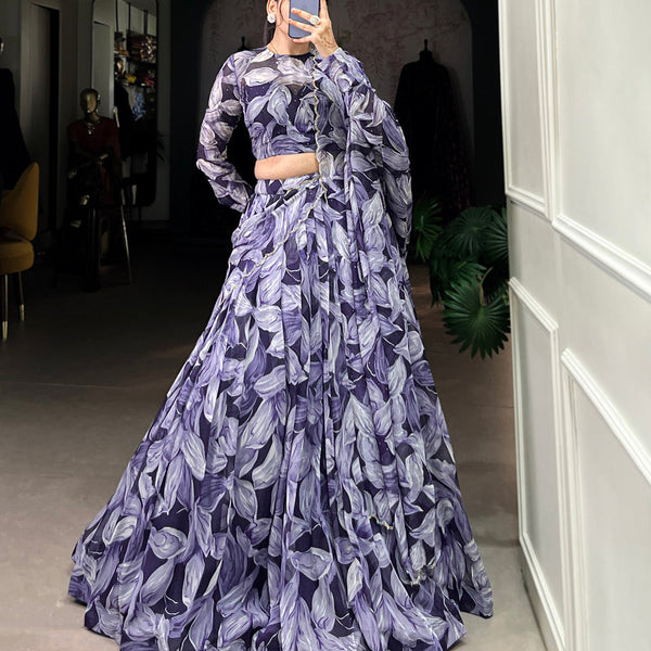 Navy Blue Color Printed With Hotfix Tubby Silk Lehenga Choli