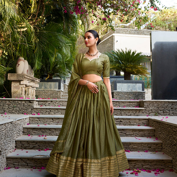 Mehandi Color Plain With Zari Weaving Work Chanderi Lehenga Choli