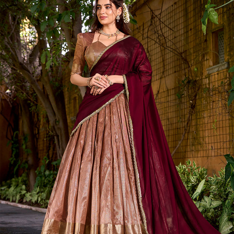 Peach Color Zari Weaving Work Dupion Silk Lehenga Choli