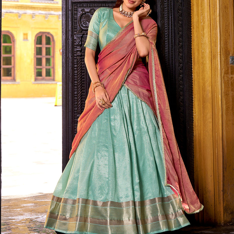 Sky Blue Color Zari Weaving Work Dupion Silk Lehenga Choli