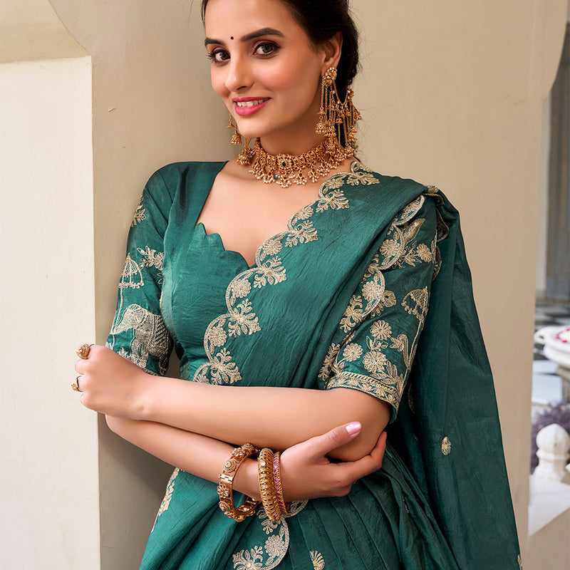 Teal Color Sequins and Thread Embroidery Work Gold Crush Lehenga Choli