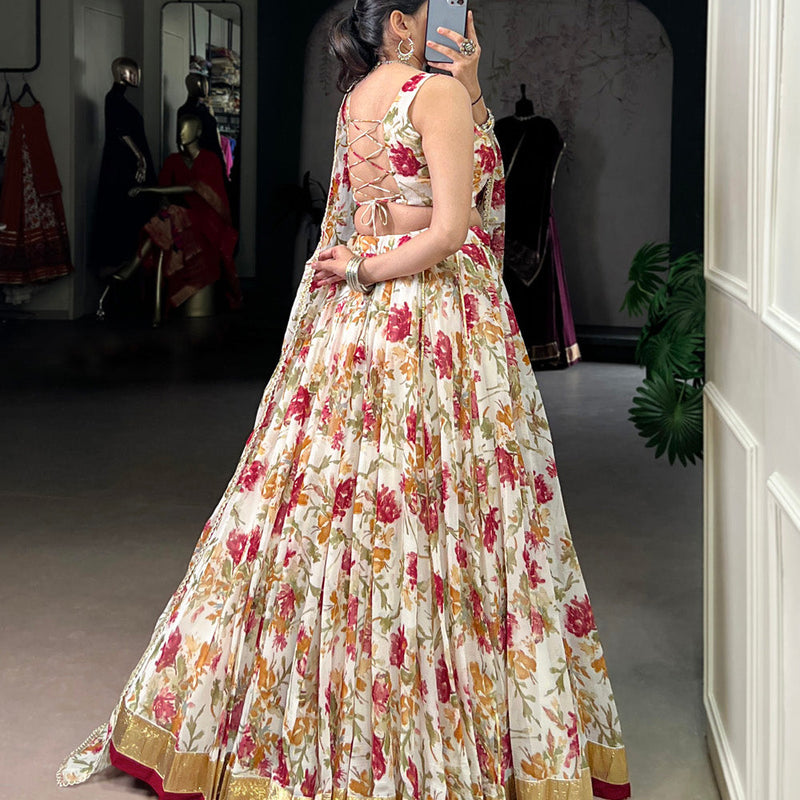 White Color Floral And Foil Print With Embossed Design Chiffon Ghaghra choli