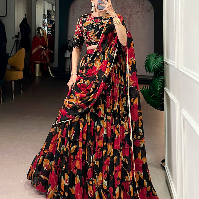 Black Color Floral Printed Marbel Chaniya Choli