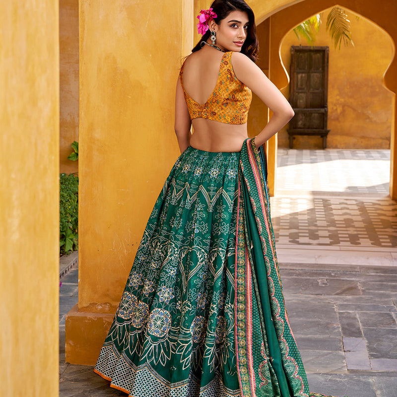 Bottle Green Color Printed With Beads Work Lehenga