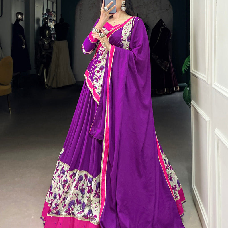 Purple Color Printed And Original Mirror Lace Border Rayon Lehenga Choli