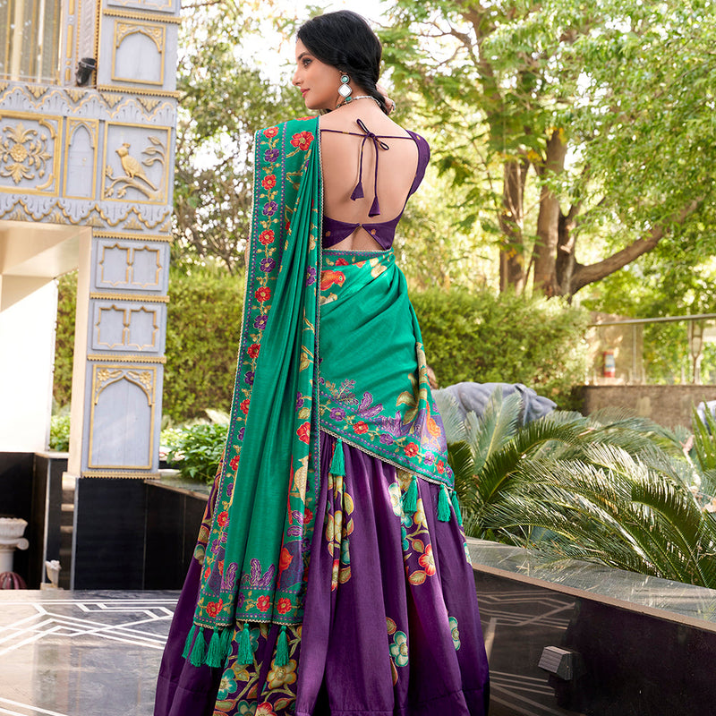 Purple Color Printed And Foil Work Tussar Silk Lehenga Choli