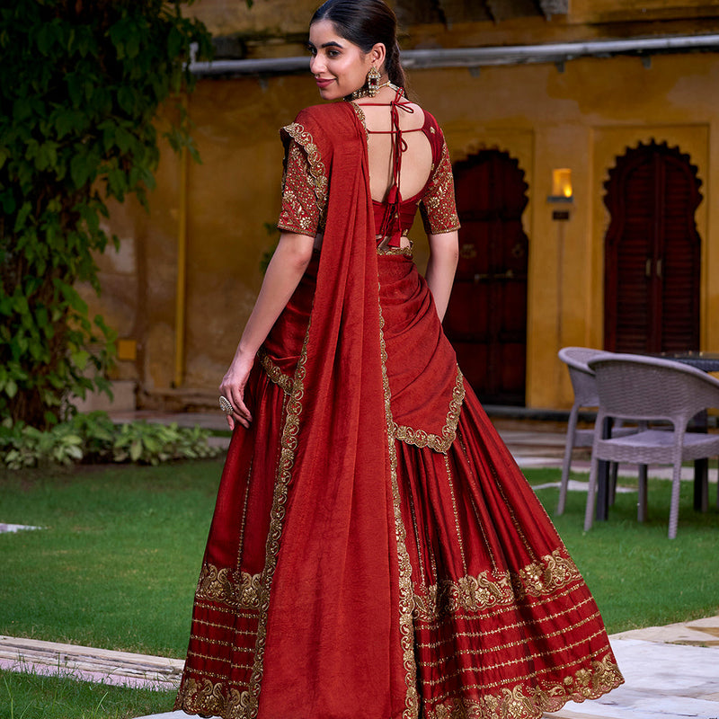 Rust Orange Color Sequins And Thread Embroidery Work Rangoli Crush Lehenga Choli