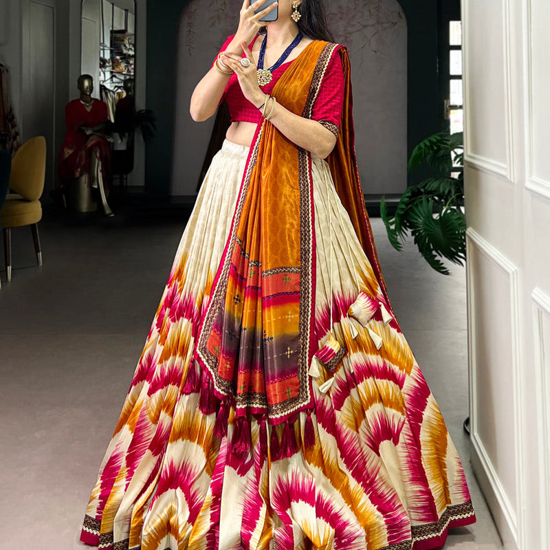 Red Color Tie And Dye Printed Tasar Silk Lehenga Choli