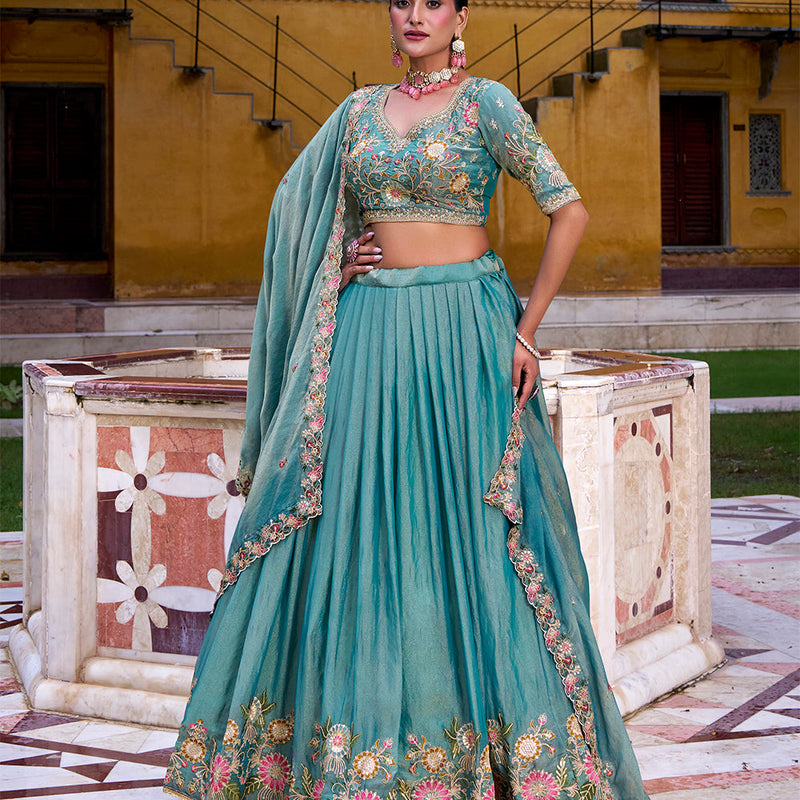 Sky Blue Color Sequince And Thread Embroidery Work Zari Shimmer Lehenga Choli