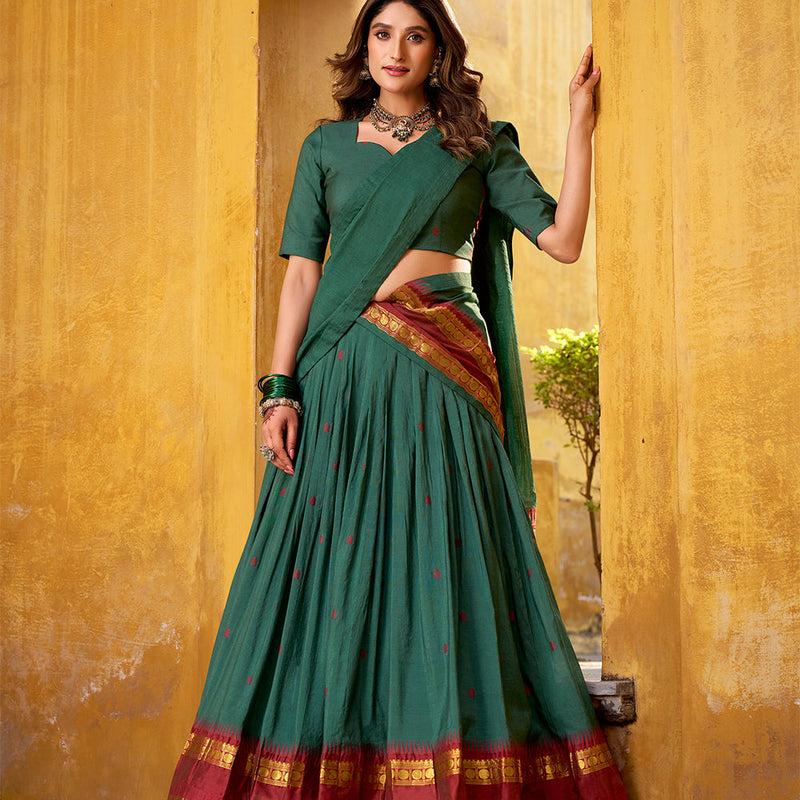 Teal Color Zari Weaving Work Chanderi Lehenga Choli