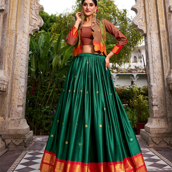 Green Color Zari Weaving Work Poly Cotton Lehenga Choli