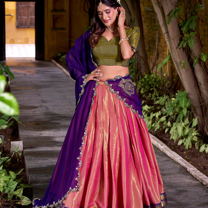 Purple Color Sequince And Thread Embroidery Work Kanchipuram Lehenga Choli